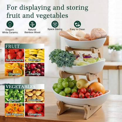 🔥Fruit tray storage rack | Ceramic bowl+bamboo rack | Dishwasher usable | FSC certified