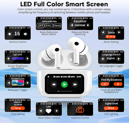 🎉Wireless Bluetooth headphones with full-color touchscreen, high sound quality, and low latency.