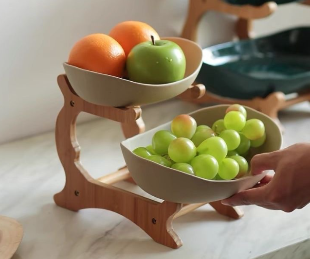 🔥Fruit tray storage rack | Ceramic bowl+bamboo rack | Dishwasher usable | FSC certified